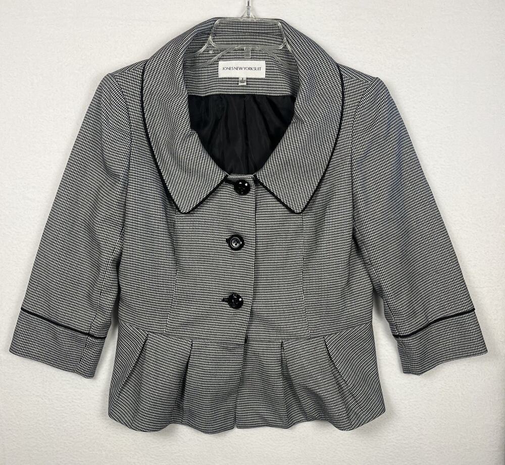 Jones New York Suit Women’s Black White Houndstooth Button Blazer Jacket 8